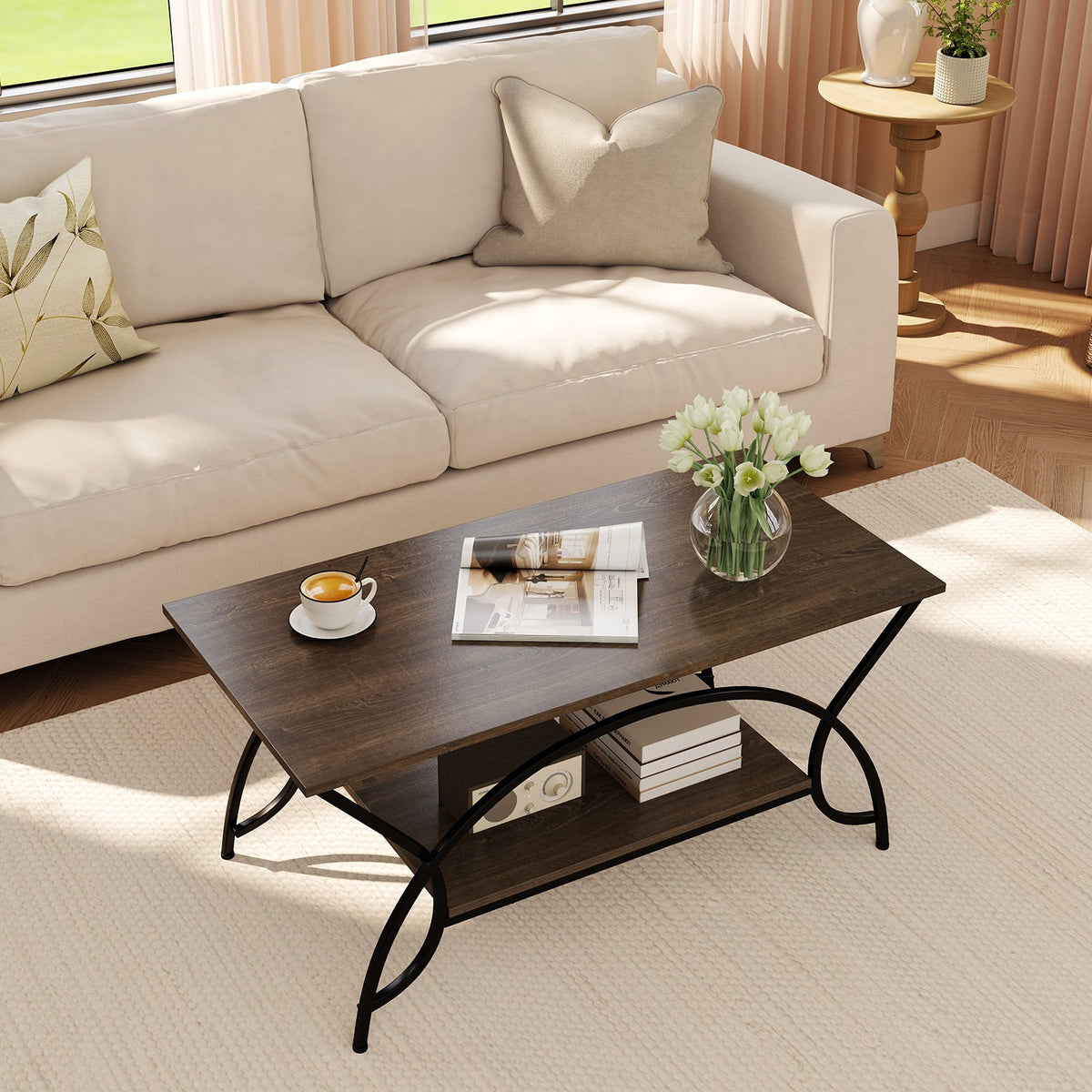 2-Tier Faux Marble Coffee Table with Marble Top and Metal Frame-Oak-Coffee Tables-DECOROLALA