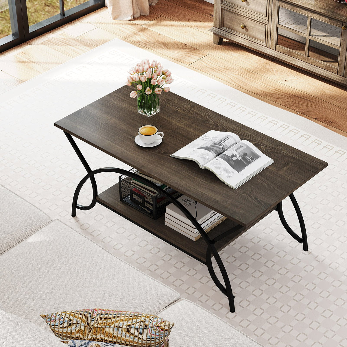 2-Tier Faux Marble Coffee Table with Marble Top and Metal Frame-Oak-Coffee Tables-DECOROLALA