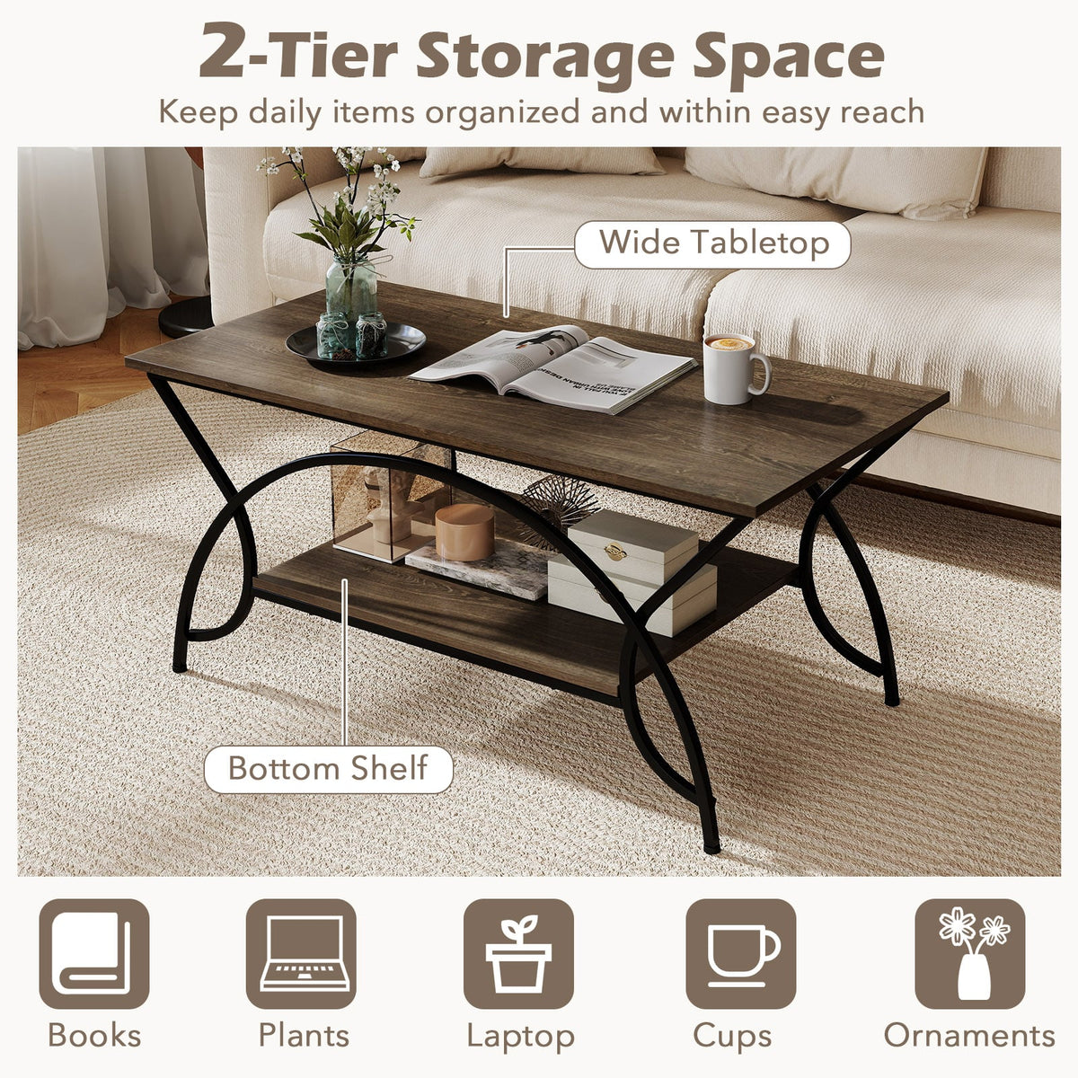 2-Tier Faux Marble Coffee Table with Marble Top and Metal Frame-Oak-Coffee Tables-DECOROLALA