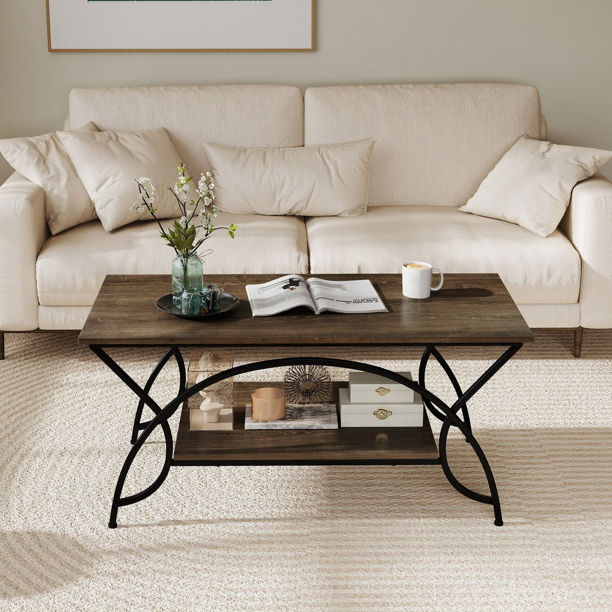 2-Tier Faux Marble Coffee Table with Marble Top and Metal Frame-Oak-Coffee Tables-DECOROLALA