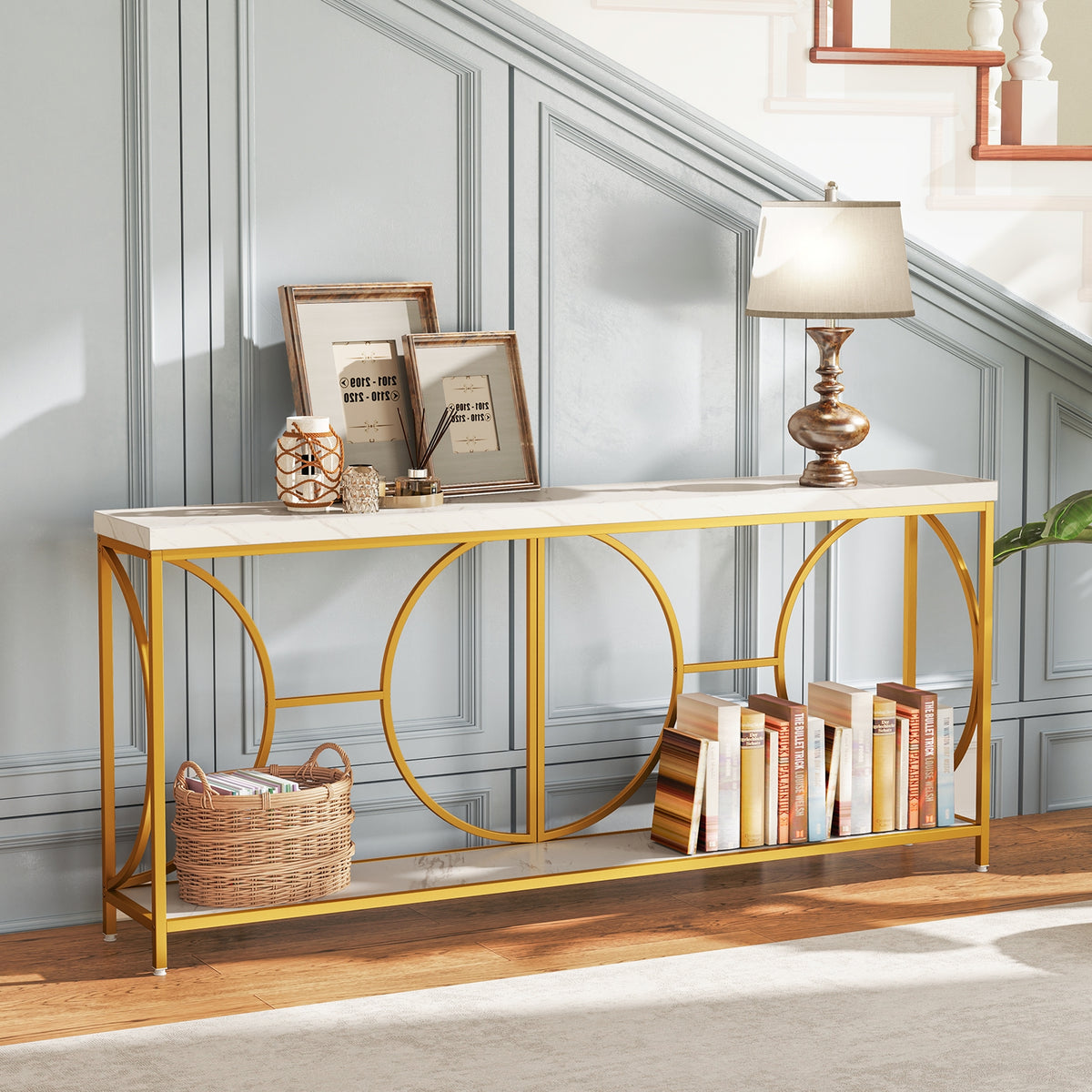 2-Tier Faux Marble Top Console Table with Storage Shelf-White-Console Tables-DECOROLALA