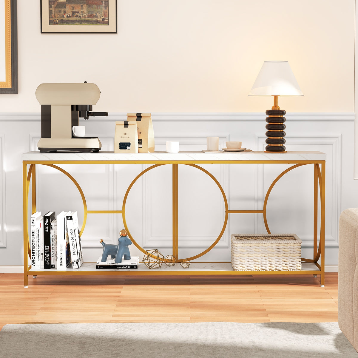 2-Tier Faux Marble Top Console Table with Storage Shelf-White-Console Tables-DECOROLALA