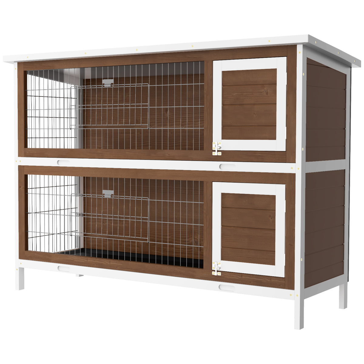 2-Tier Fir Wood Rabbit Hutch - Brown 54" Dual Cage Pet House-Small Animals-DECOROLALA