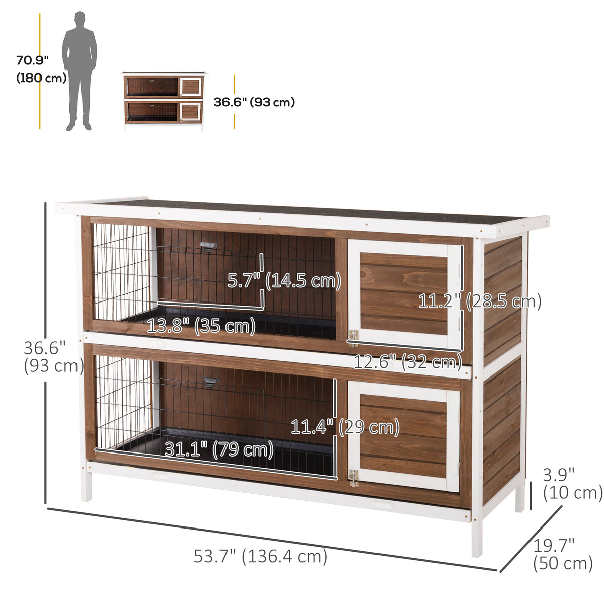 2-Tier Fir Wood Rabbit Hutch - Brown 54" Dual Cage Pet House-Small Animals-DECOROLALA