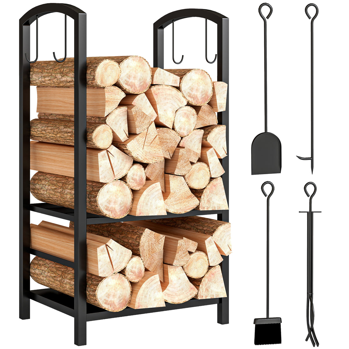 2-Tier Firewood Log Rack with 4 Tools - Black Steel-Firewood Racks-DECOROLALA