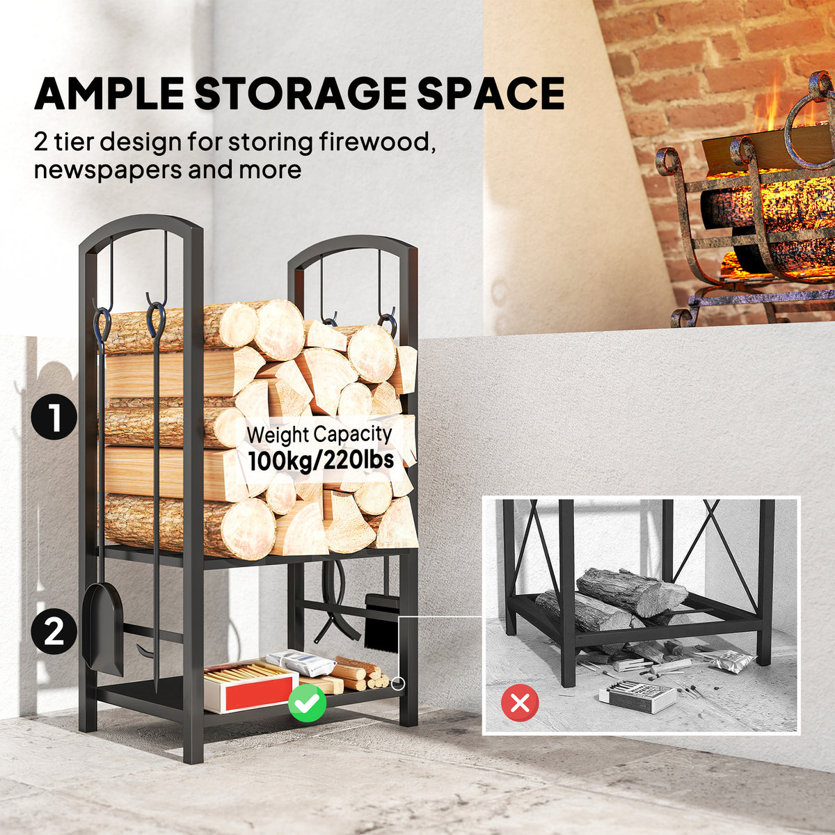 2-Tier Firewood Log Rack with 4 Tools - Black Steel-Firewood Racks-DECOROLALA