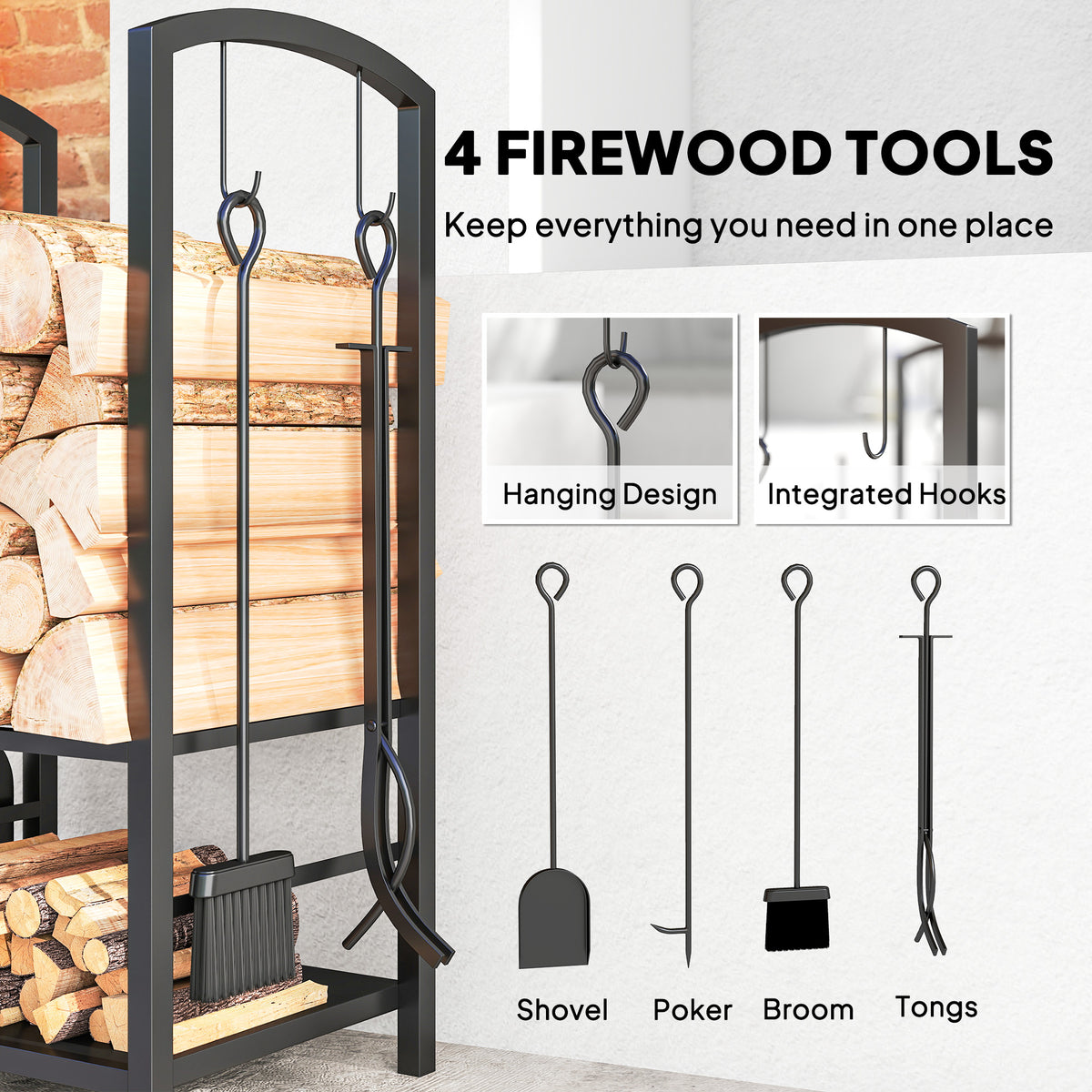 2-Tier Firewood Log Rack with 4 Tools - Black Steel-Firewood Racks-DECOROLALA