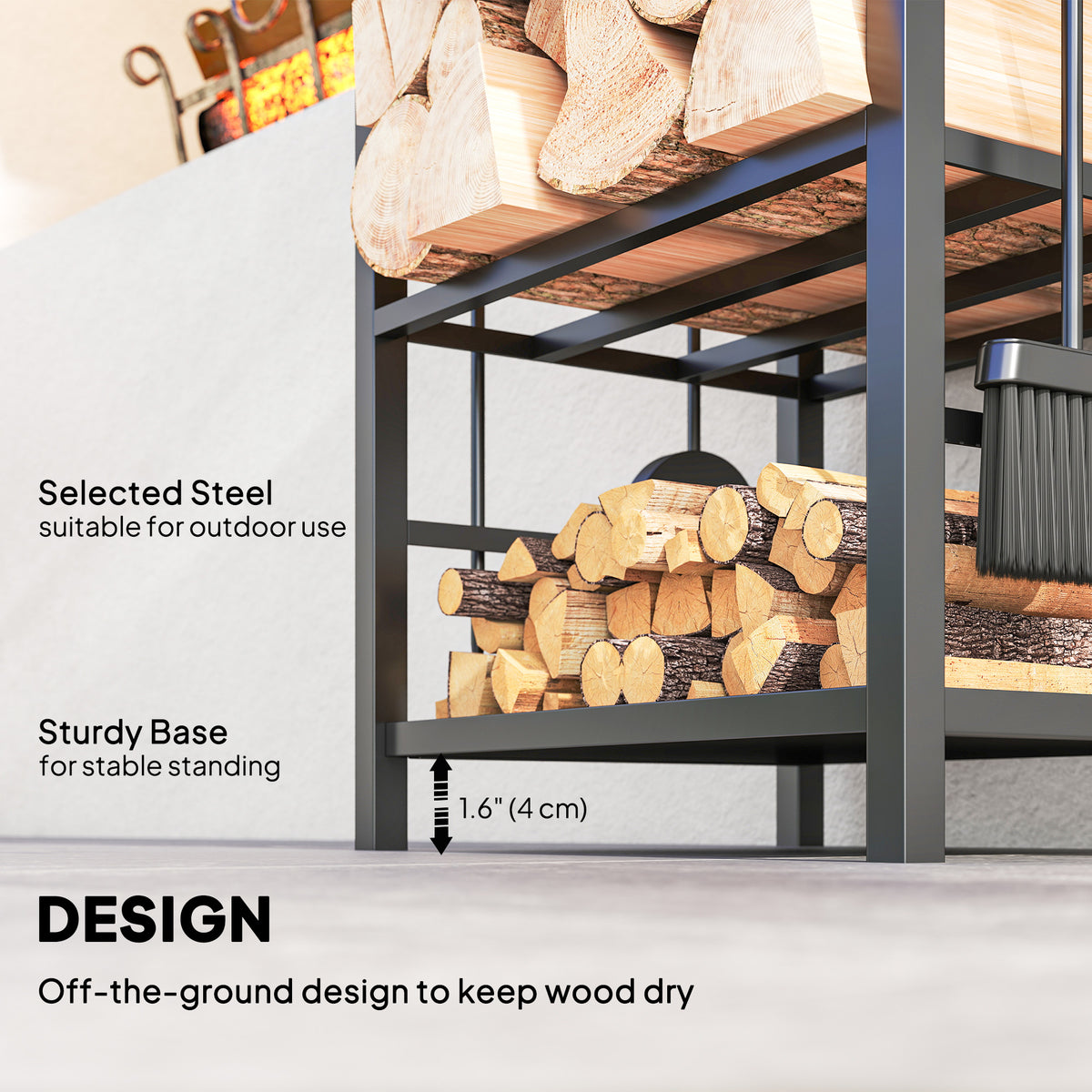 2-Tier Firewood Log Rack with 4 Tools - Black Steel-Firewood Racks-DECOROLALA