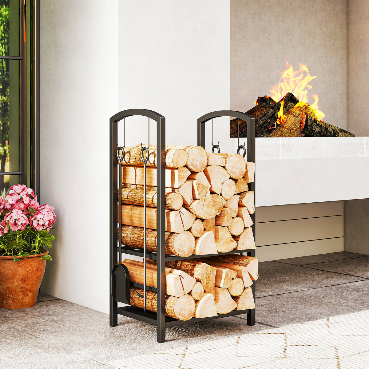 2-Tier Firewood Log Rack with 4 Tools - Black Steel-Firewood Racks-DECOROLALA