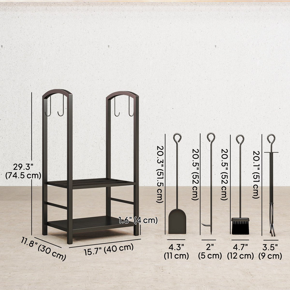 2-Tier Firewood Log Rack with 4 Tools - Black Steel-Firewood Racks-DECOROLALA