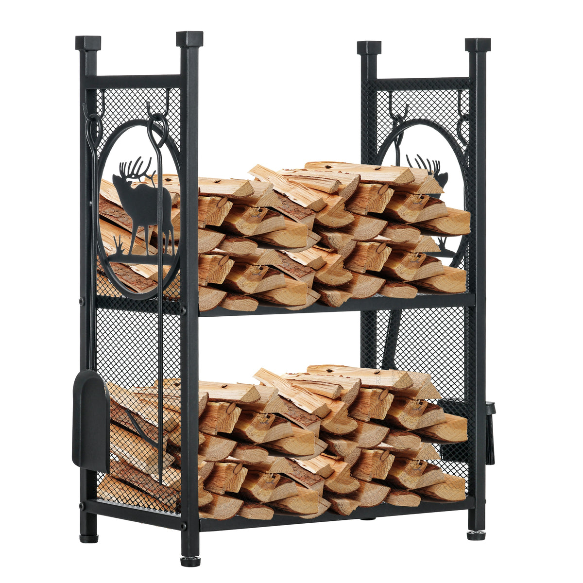 2-Tier Firewood Rack with 4 Tools - Black 30" H-Firewood Racks-DECOROLALA