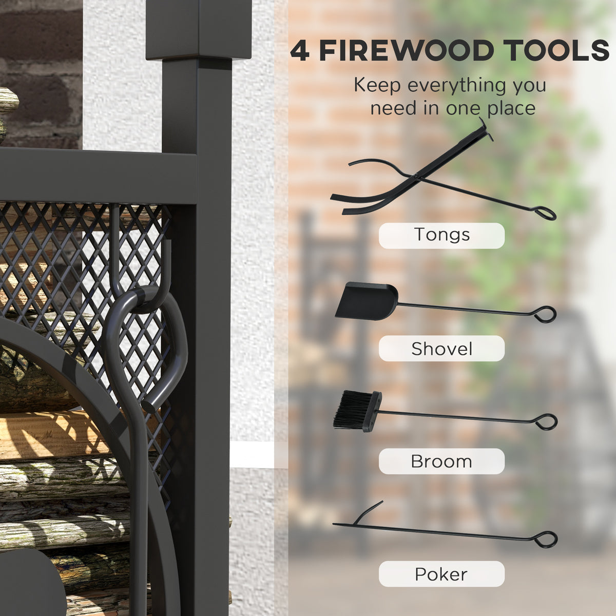2-Tier Firewood Rack with 4 Tools - Black 30" H-Firewood Racks-DECOROLALA