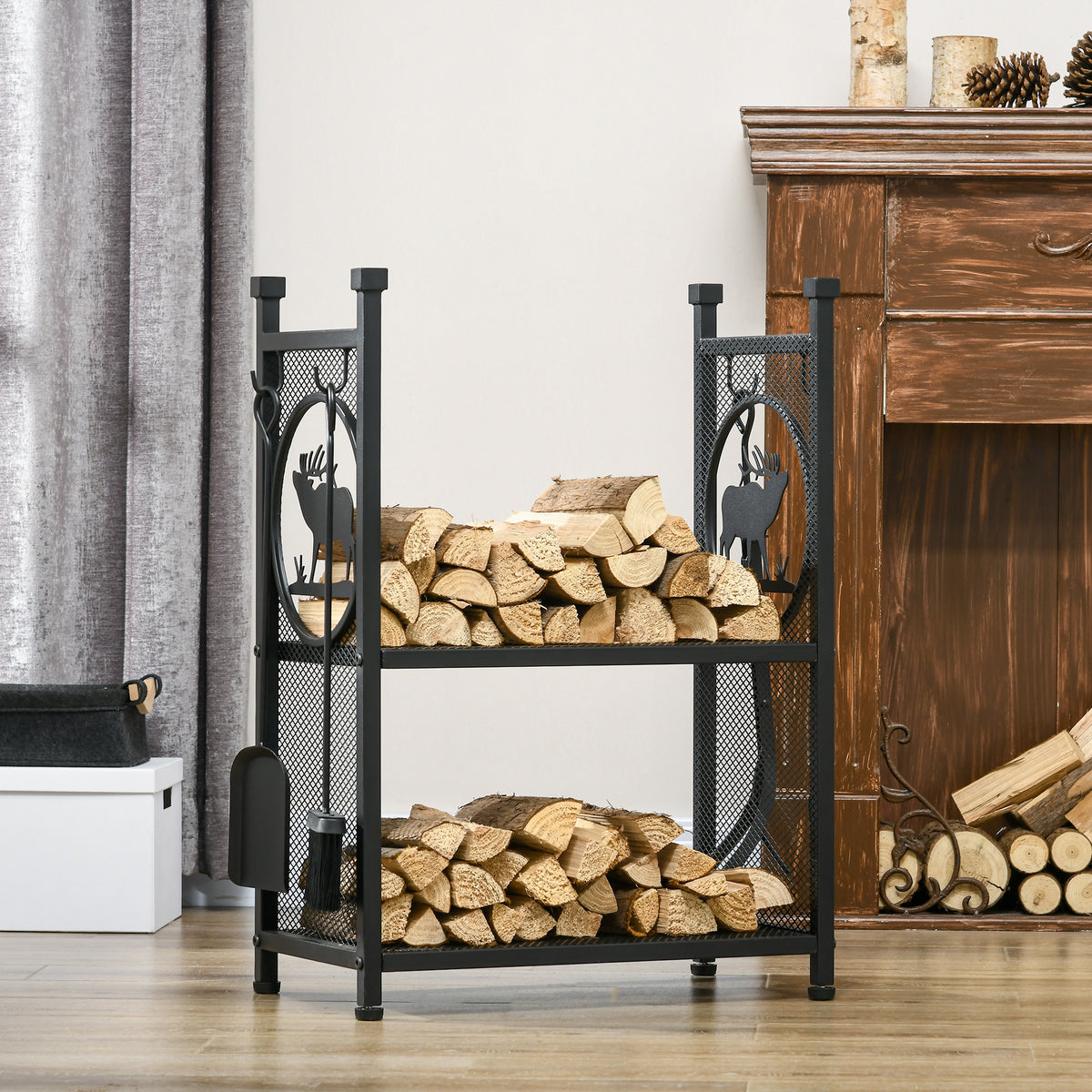 2-Tier Firewood Rack with 4 Tools - Black 30" H-Firewood Racks-DECOROLALA