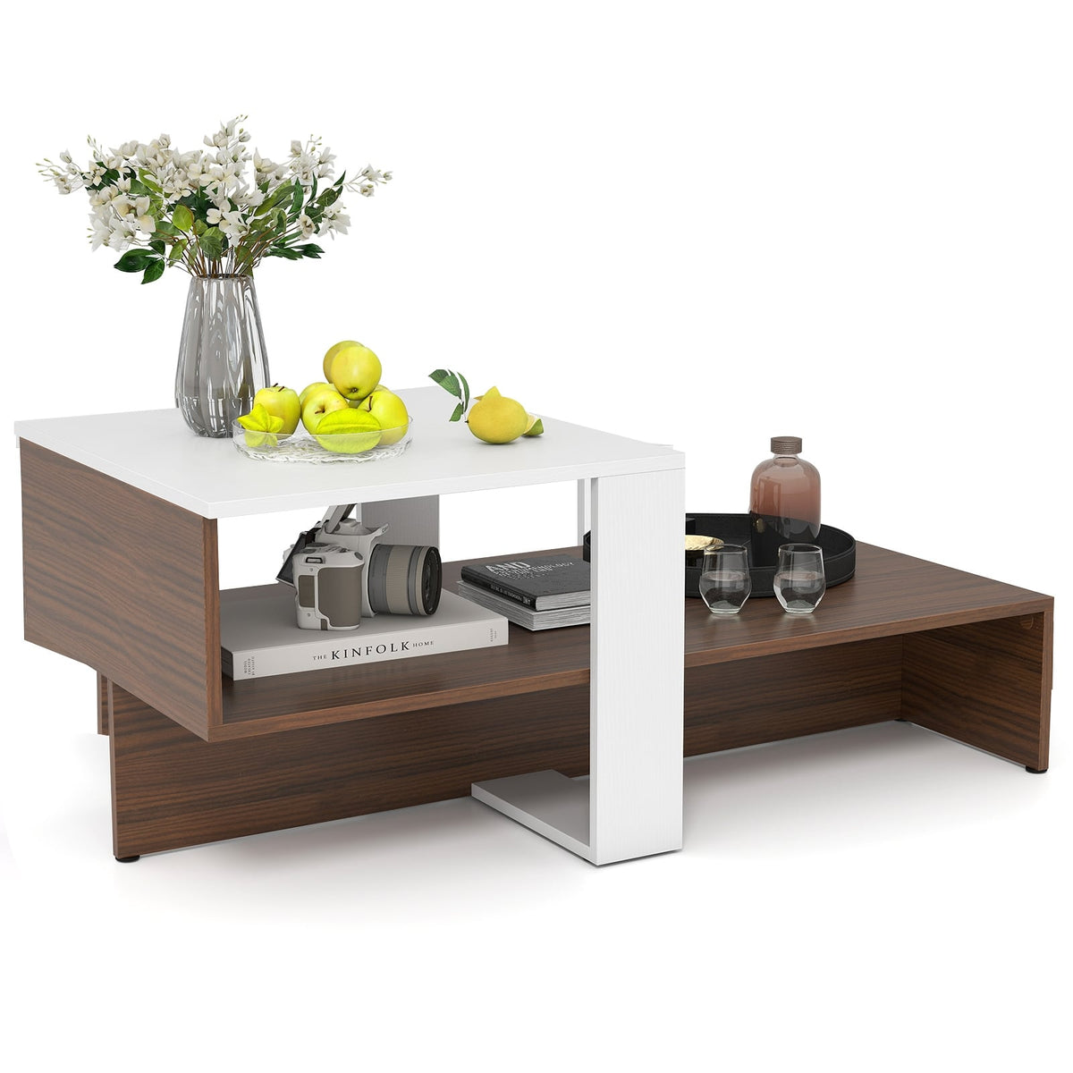 2-Tier Geometric Coffee Table with Storage Shelves for Living Room and Reception Room-White and Brown-Coffee Tables-DECOROLALA