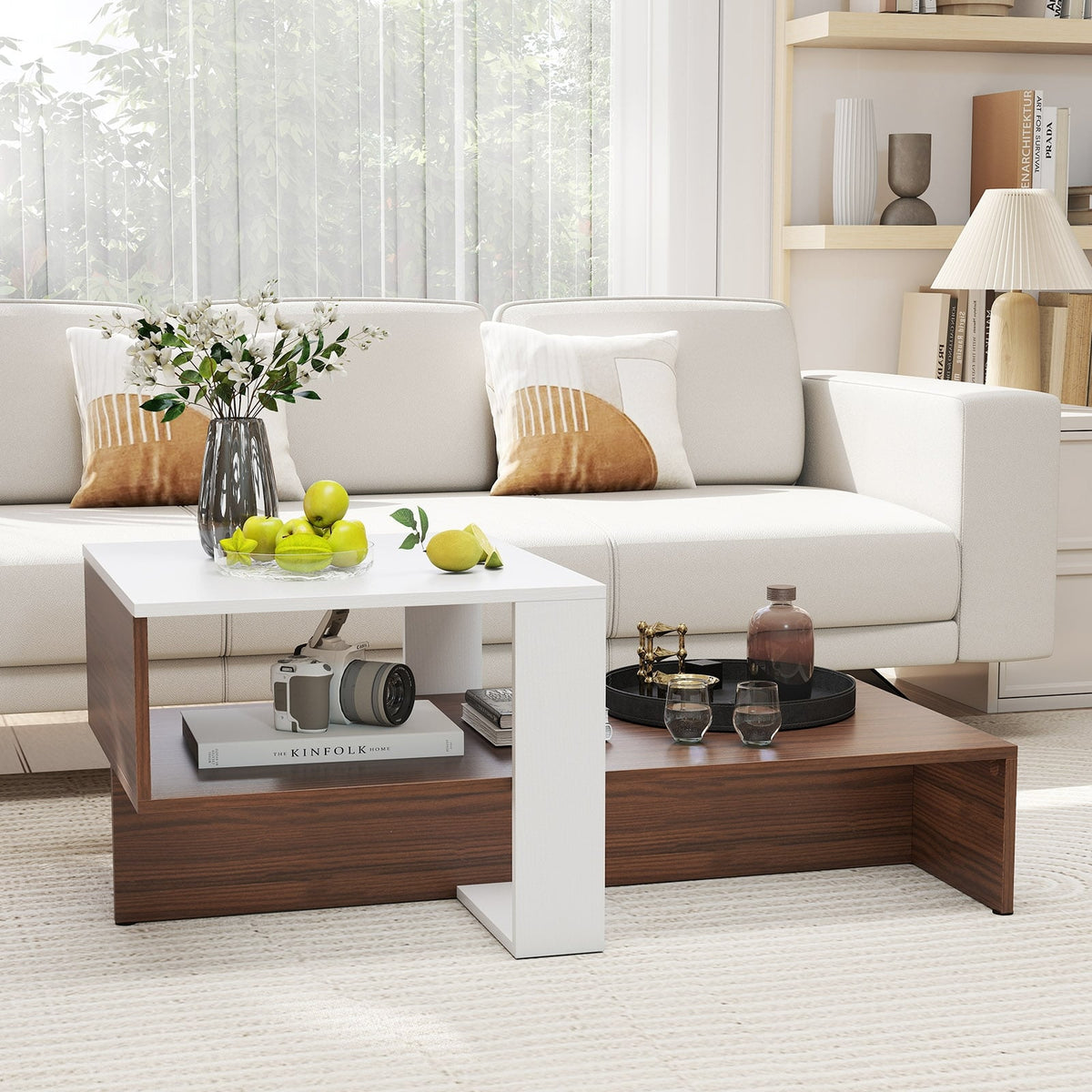 2-Tier Geometric Coffee Table with Storage Shelves for Living Room and Reception Room-White and Brown-Coffee Tables-DECOROLALA
