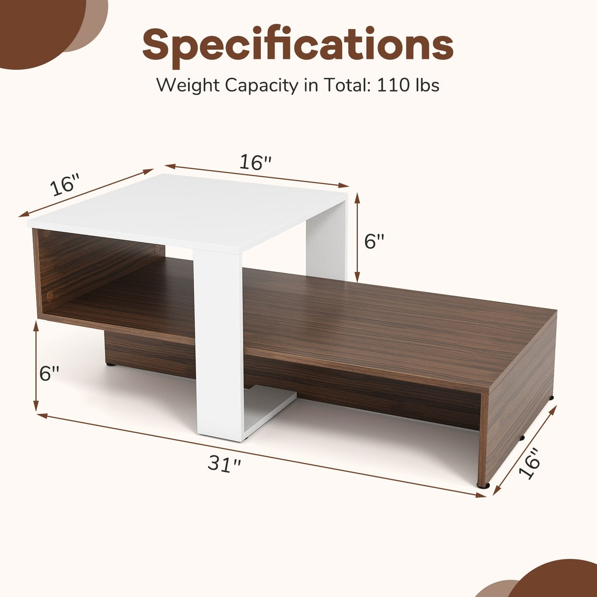 2-Tier Geometric Coffee Table with Storage Shelves for Living Room and Reception Room-White and Brown-Coffee Tables-DECOROLALA