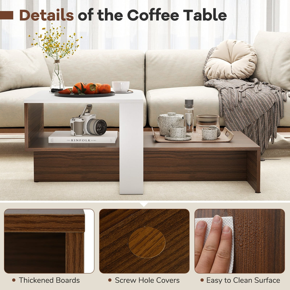2-Tier Geometric Coffee Table with Storage Shelves for Living Room and Reception Room-White and Brown-Coffee Tables-DECOROLALA