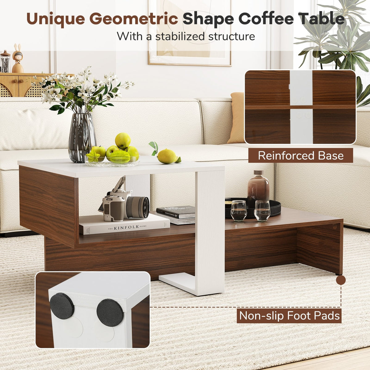 2-Tier Geometric Coffee Table with Storage Shelves for Living Room and Reception Room-White and Brown-Coffee Tables-DECOROLALA