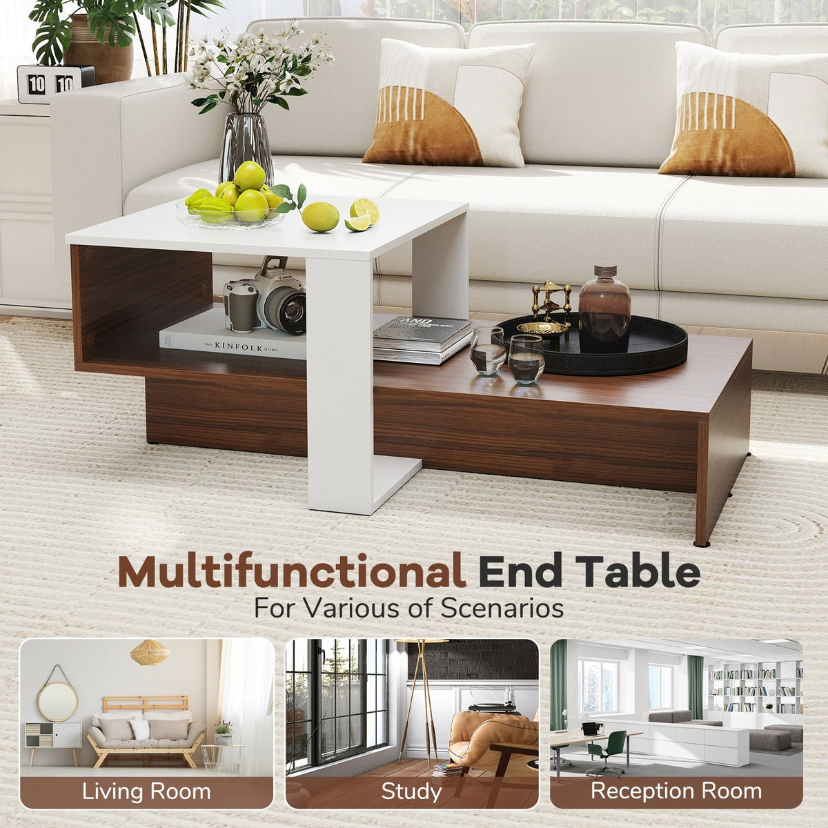 2-Tier Geometric Coffee Table with Storage Shelves for Living Room and Reception Room-White and Brown-Coffee Tables-DECOROLALA