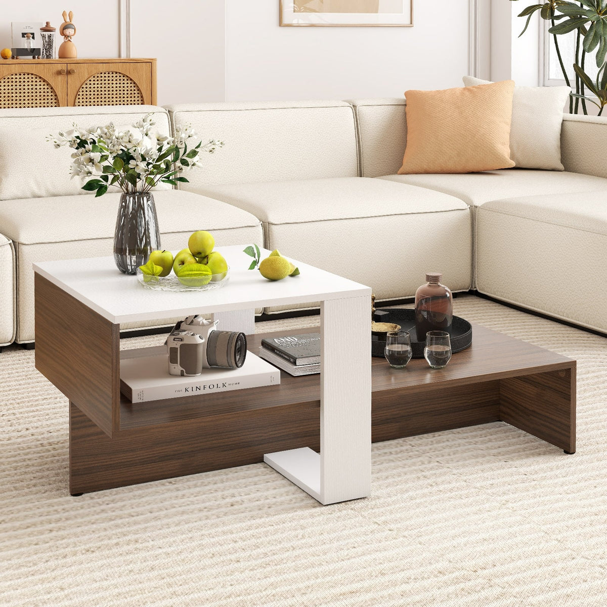 2-Tier Geometric Coffee Table with Storage Shelves for Living Room and Reception Room-White and Brown-Coffee Tables-DECOROLALA