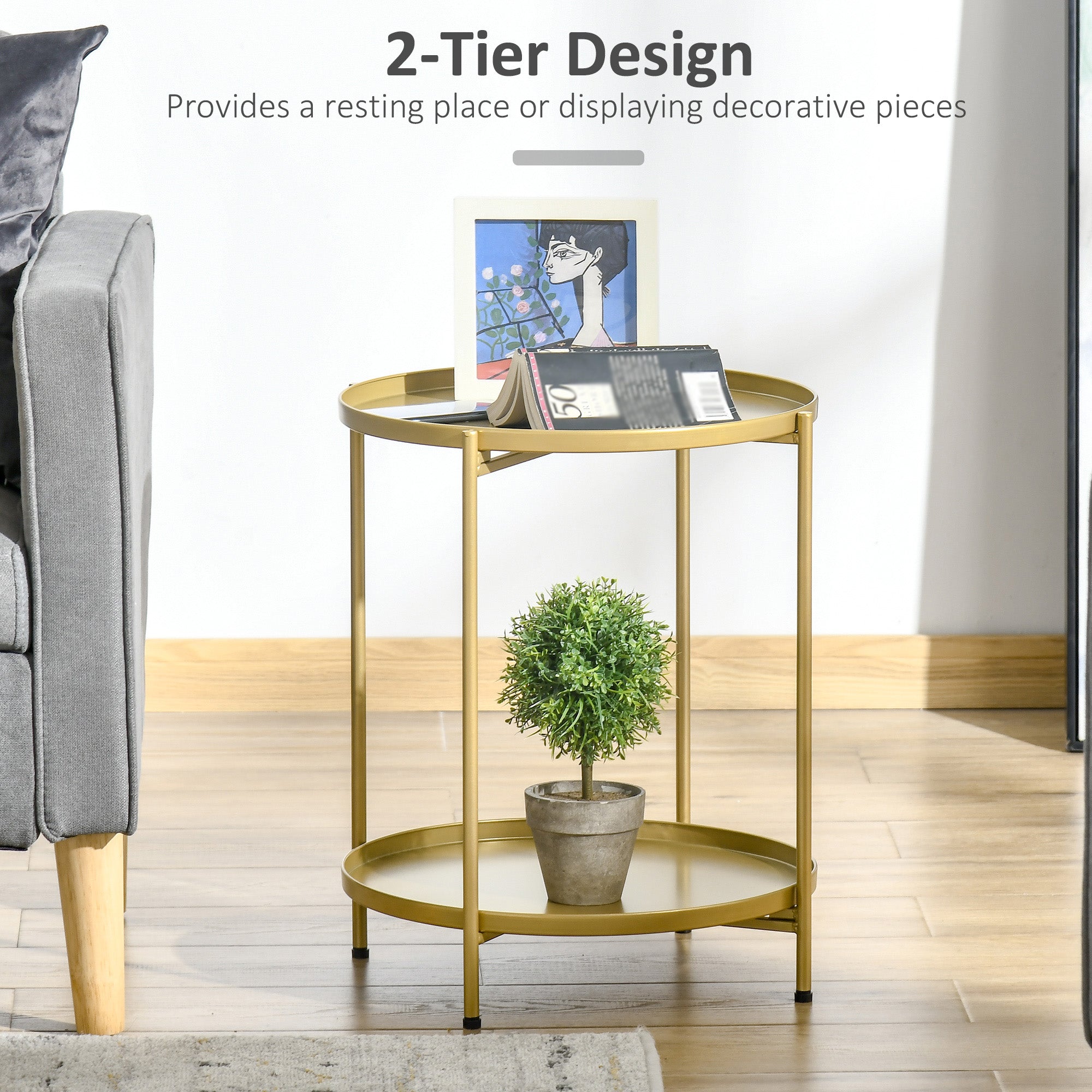 2-Tier Gold Side Table, Round Nightstand with Removable Trays Folding Metal Frame Adjustable Foot End Table for Living Room Bedroom-Home Furnishings > Living Room Furniture > Side¬†Tables-DECOROLALA