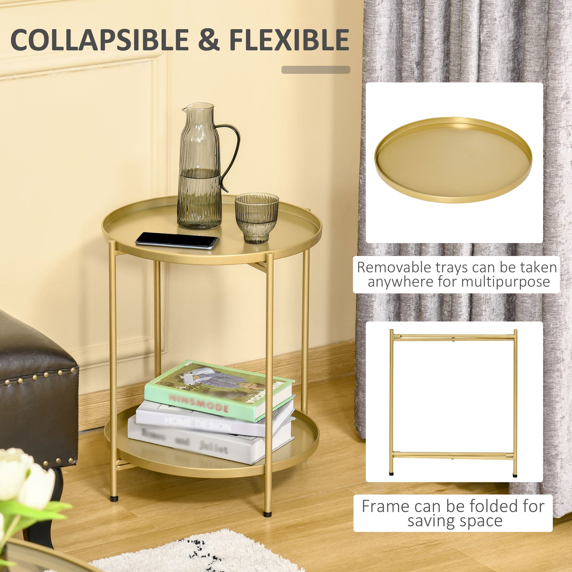 2-Tier Gold Side Table, Round Nightstand with Removable Trays Folding Metal Frame Adjustable Foot End Table for Living Room Bedroom-Home Furnishings > Living Room Furniture > Side¬†Tables-DECOROLALA