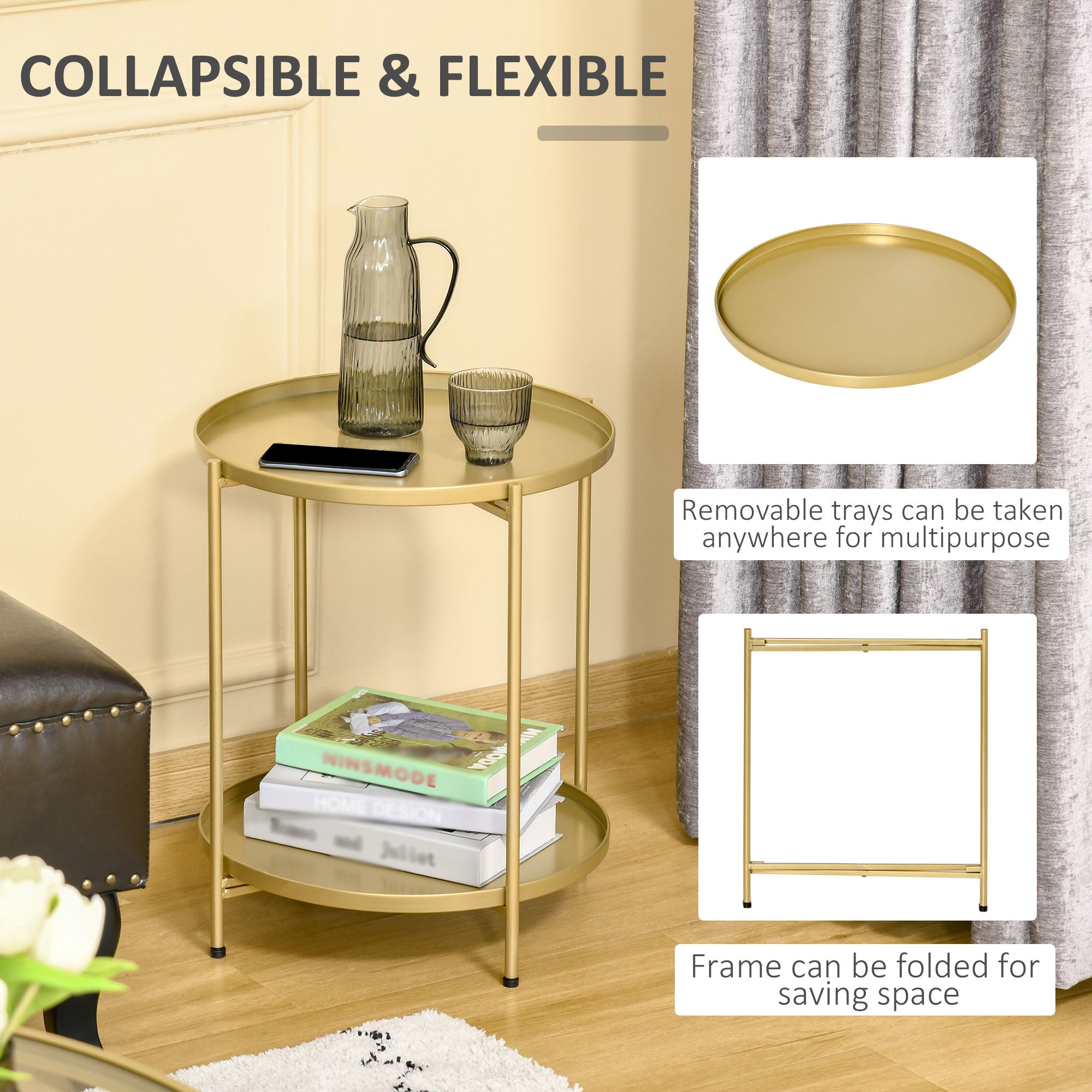 2-Tier Gold Side Table, Round Nightstand with Removable Trays Folding Metal Frame Adjustable Foot End Table for Living Room Bedroom-Home Furnishings > Living Room Furniture > Side¬†Tables-DECOROLALA