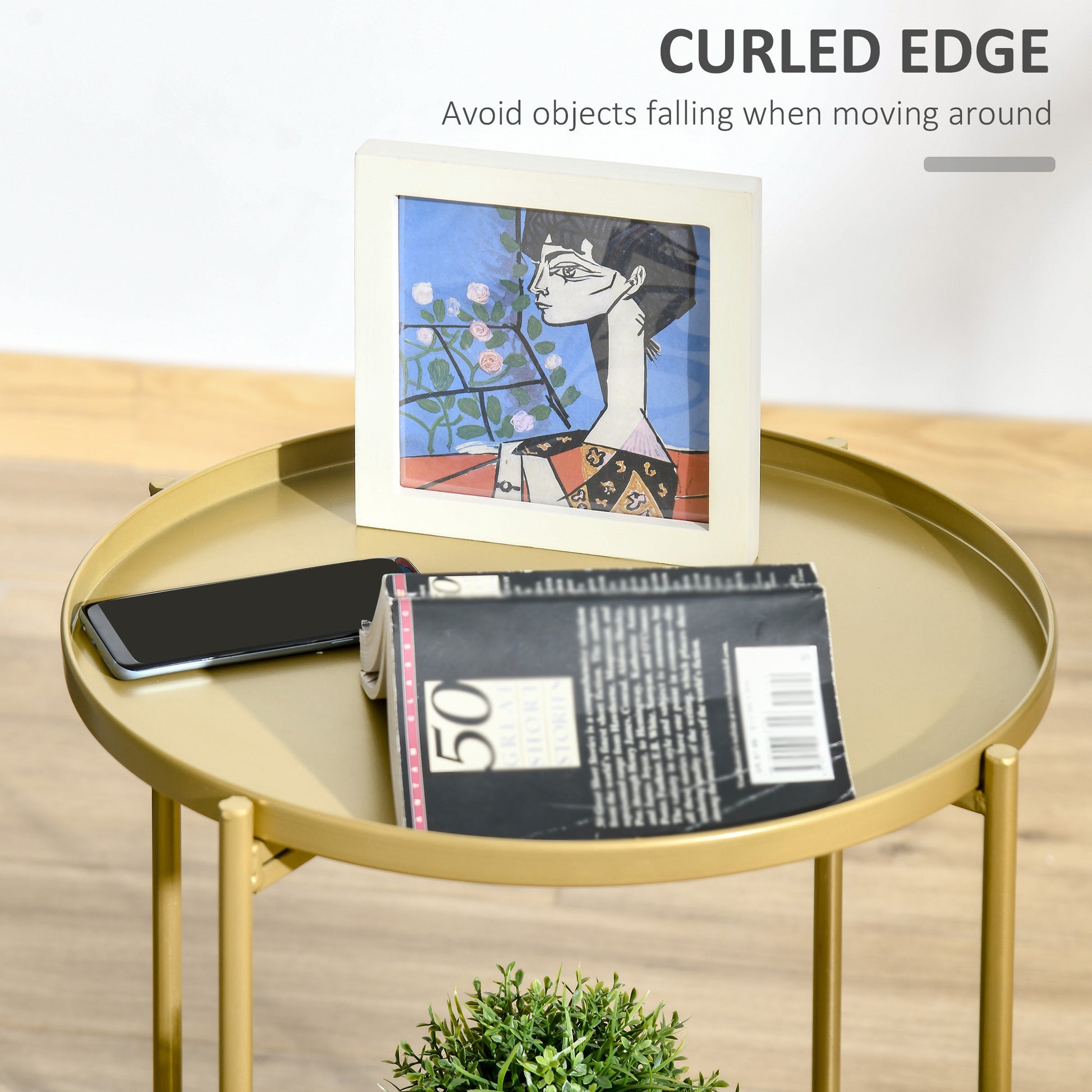 2-Tier Gold Side Table, Round Nightstand with Removable Trays Folding Metal Frame Adjustable Foot End Table for Living Room Bedroom-Home Furnishings > Living Room Furniture > Side¬†Tables-DECOROLALA