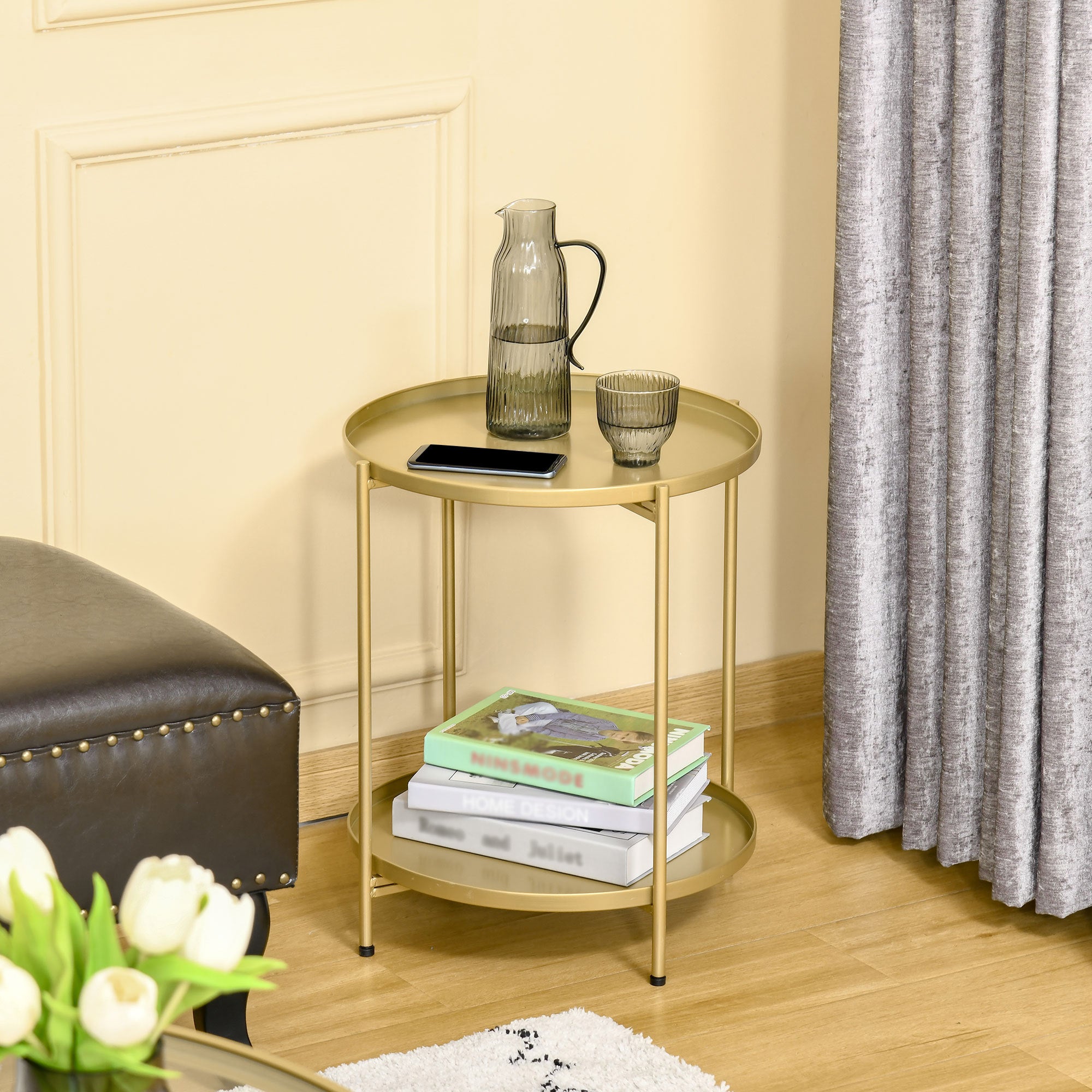 2-Tier Gold Side Table, Round Nightstand with Removable Trays Folding Metal Frame Adjustable Foot End Table for Living Room Bedroom-Home Furnishings > Living Room Furniture > Side¬†Tables-DECOROLALA