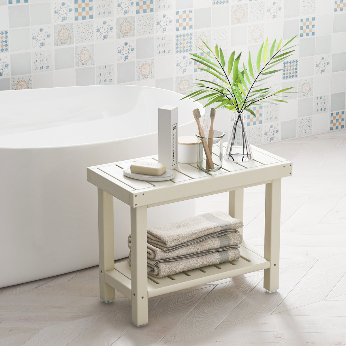 2-Tier Heavy Duty HDPE Shower Chair with Storage Shelf and Anti-slip Foot Pads-White-Bath Safety Products-DECOROLALA