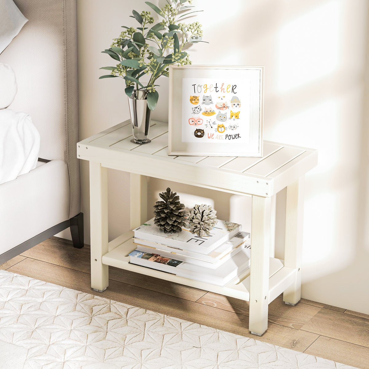 2-Tier Heavy Duty HDPE Shower Chair with Storage Shelf and Anti-slip Foot Pads-White-Bath Safety Products-DECOROLALA