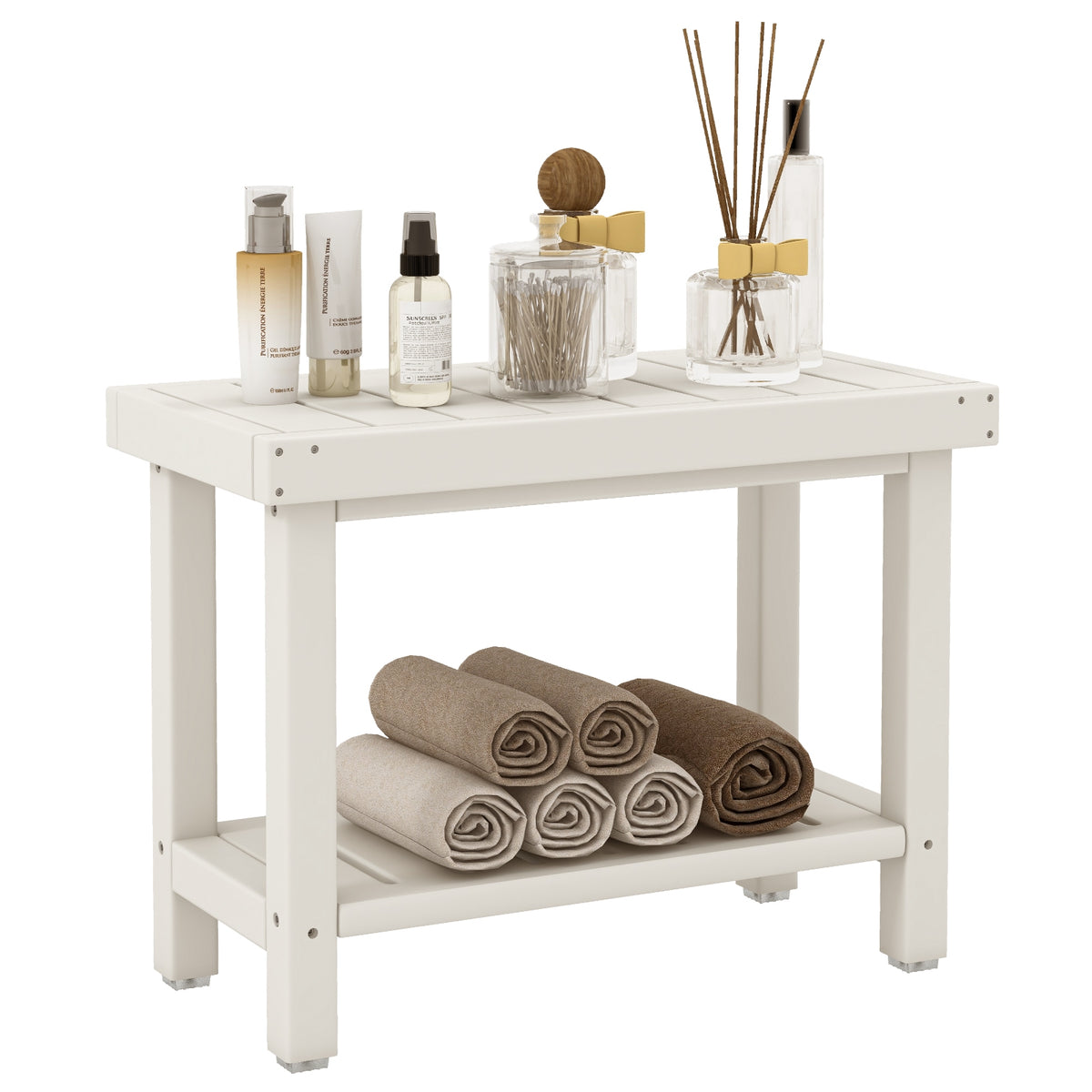 2-Tier Heavy Duty HDPE Shower Chair with Storage Shelf and Anti-slip Foot Pads-White-Bath Safety Products-DECOROLALA