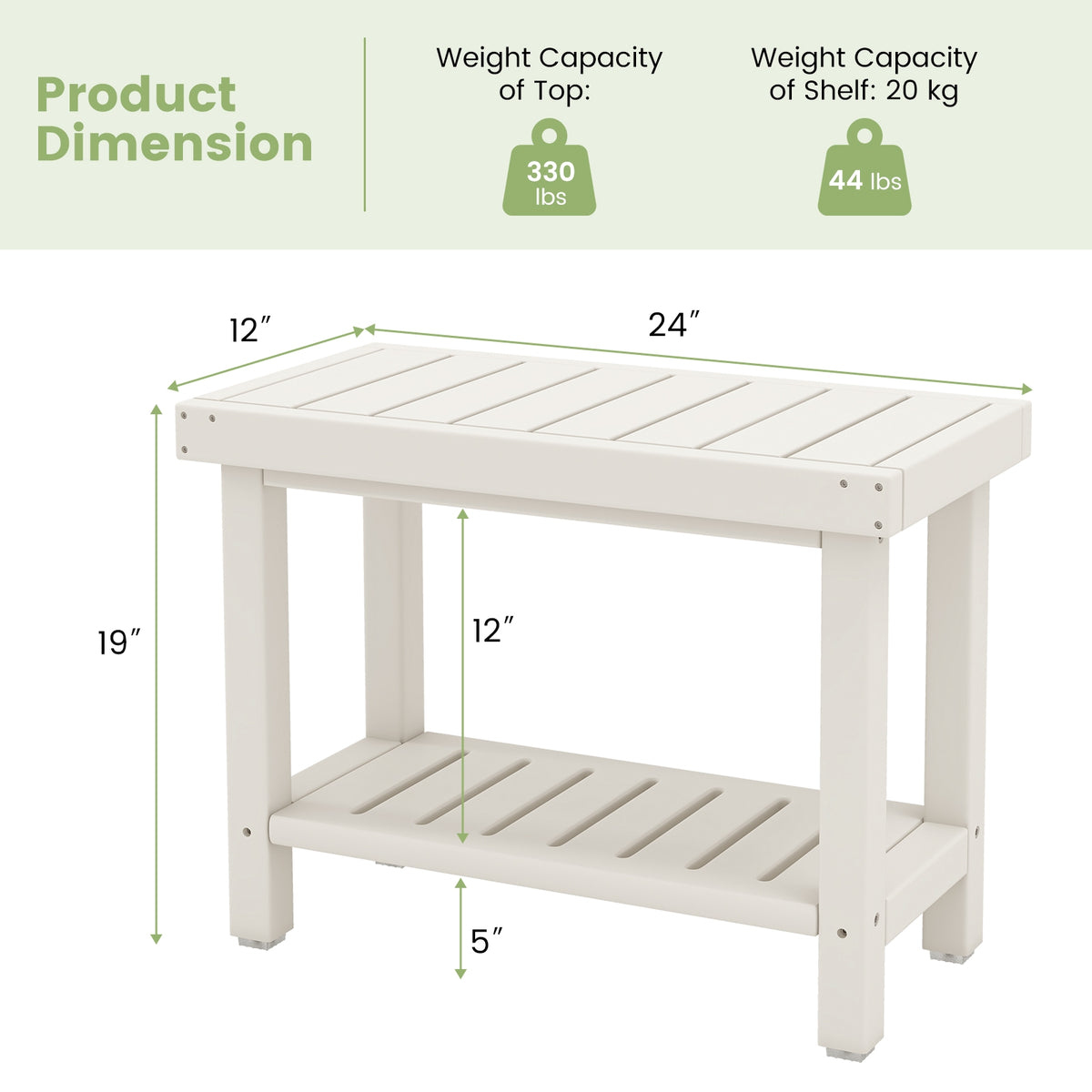 2-Tier Heavy Duty HDPE Shower Chair with Storage Shelf and Anti-slip Foot Pads-White-Bath Safety Products-DECOROLALA