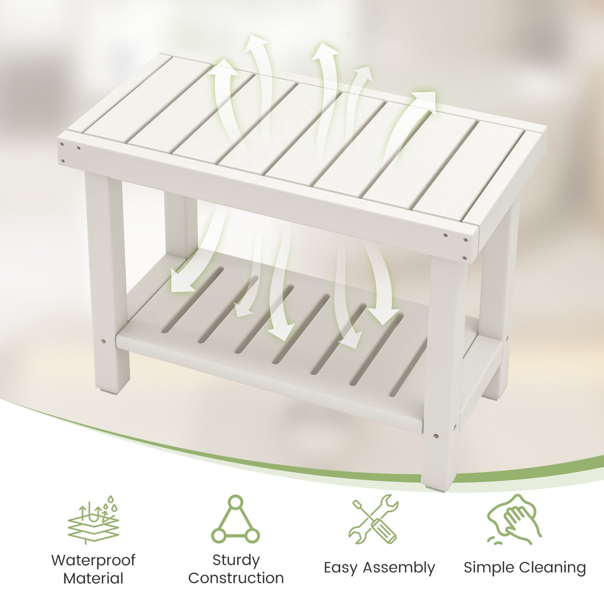 2-Tier Heavy Duty HDPE Shower Chair with Storage Shelf and Anti-slip Foot Pads-White-Bath Safety Products-DECOROLALA
