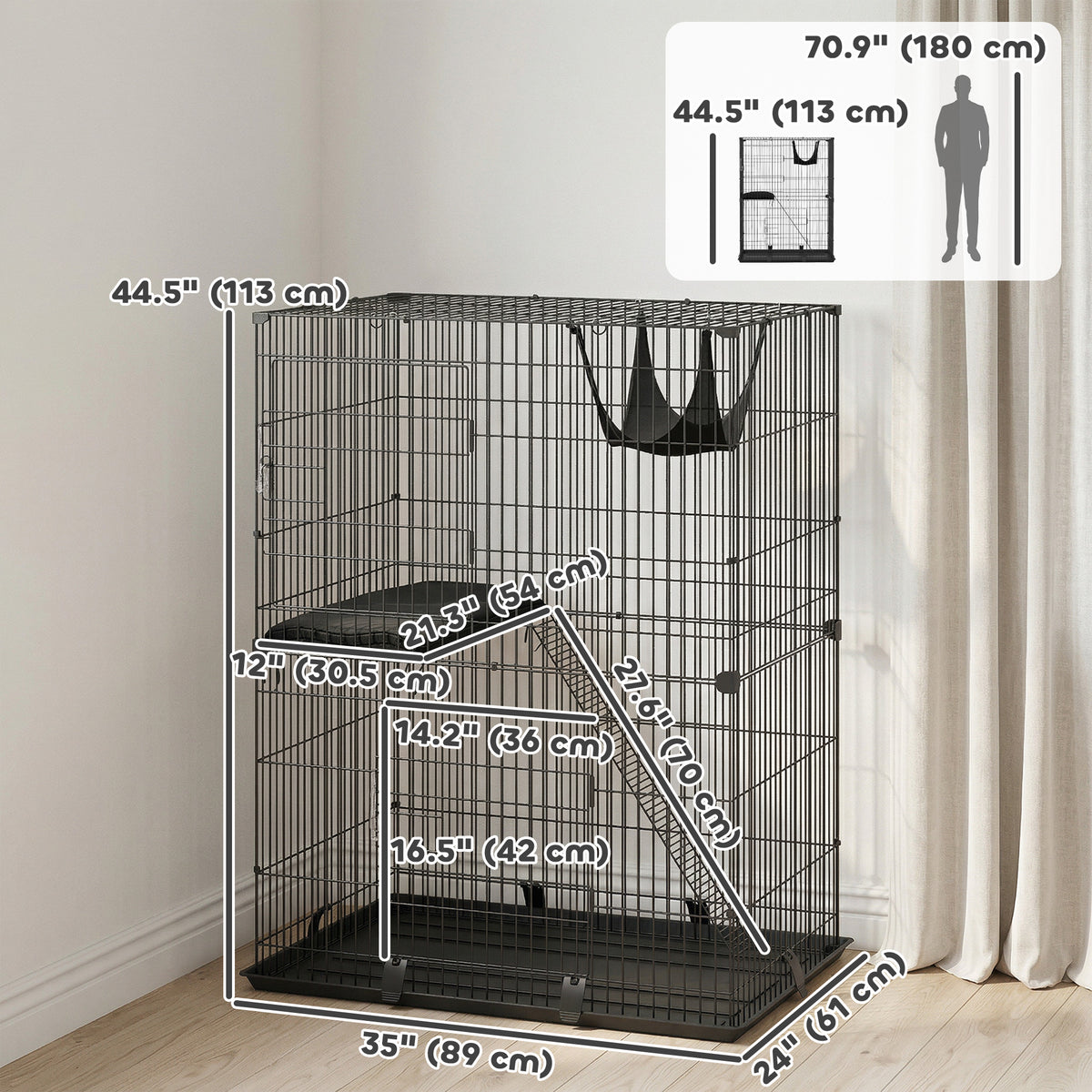2-Tier Metal Wire Cat Cage - Black 35" Indoor Kennel with Hammock-Cats-DECOROLALA