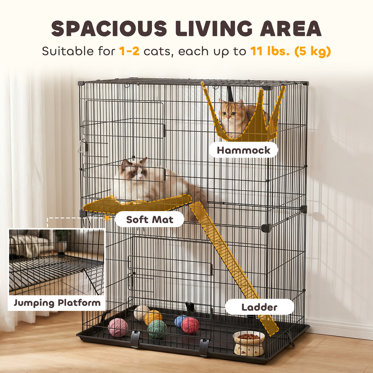 2-Tier Metal Wire Cat Cage - Black 35" Indoor Kennel with Hammock-Cats-DECOROLALA