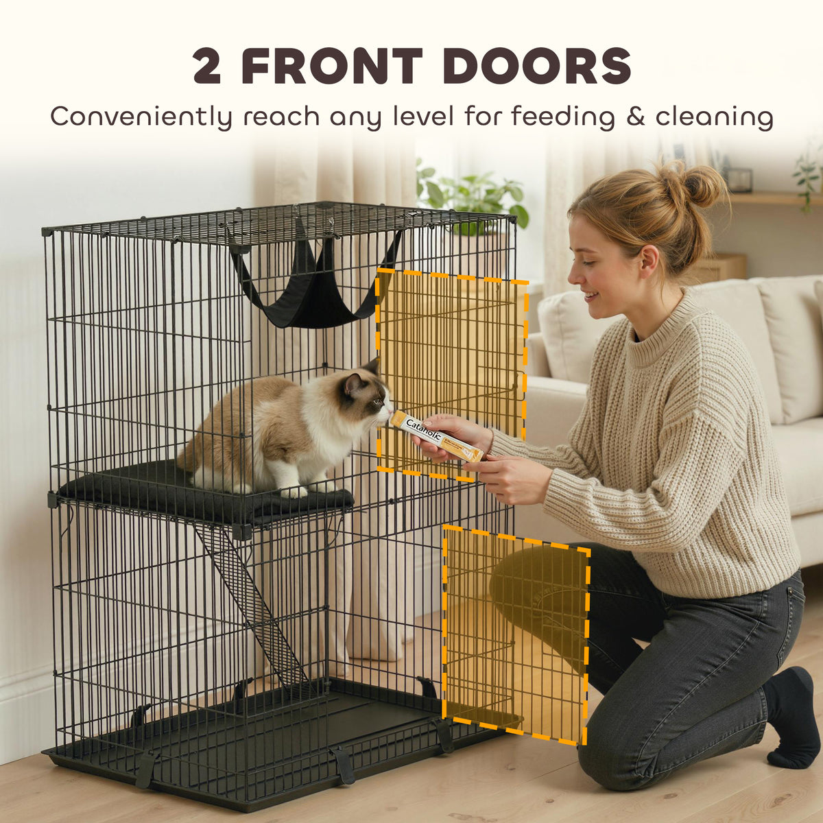2-Tier Metal Wire Cat Cage - Black 35" Indoor Kennel with Hammock-Cats-DECOROLALA