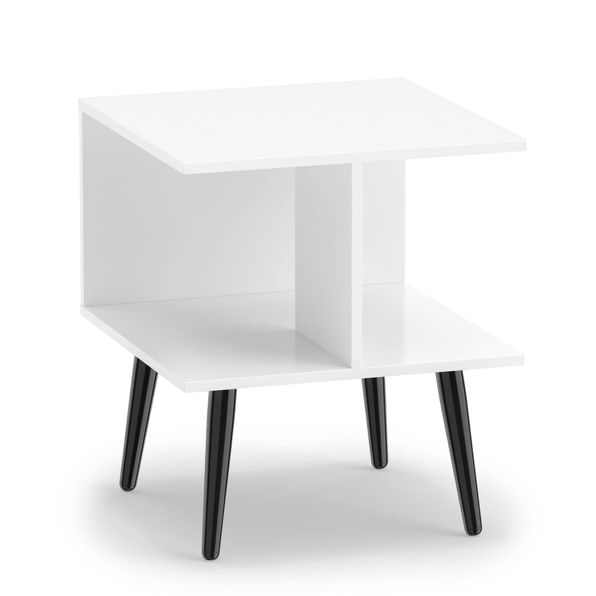2-Tier Mid Century Modern End Table with 2 Compartments and Metal Legs-White-End & Side Tables-DECOROLALA