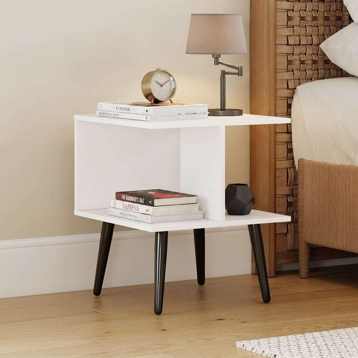 2-Tier Mid Century Modern End Table with 2 Compartments and Metal Legs-White-End & Side Tables-DECOROLALA