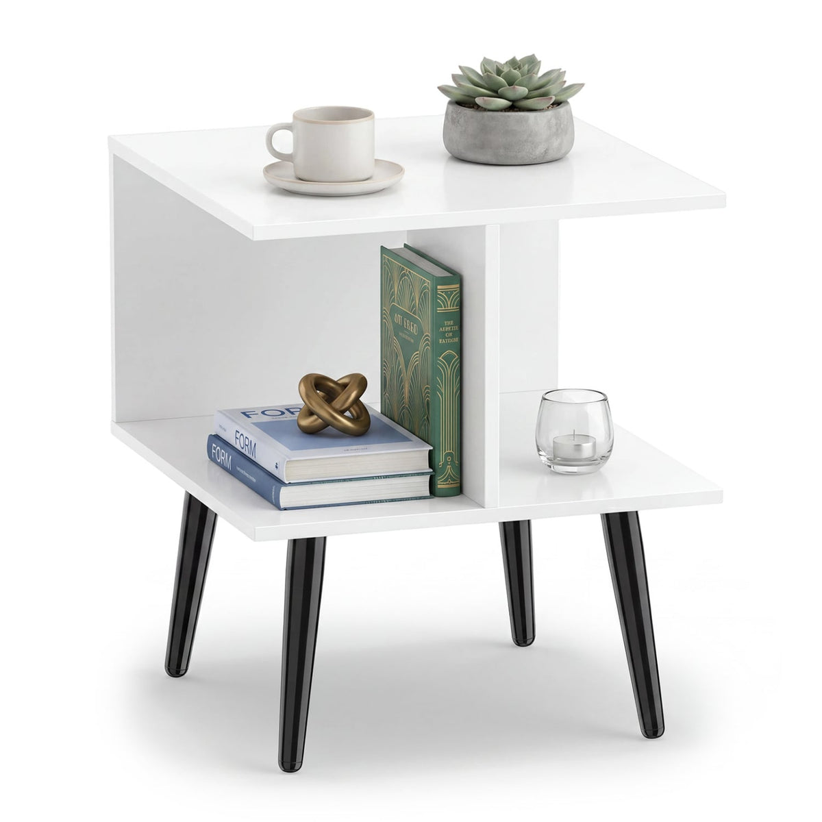2-Tier Mid Century Modern End Table with 2 Compartments and Metal Legs-White-End & Side Tables-DECOROLALA