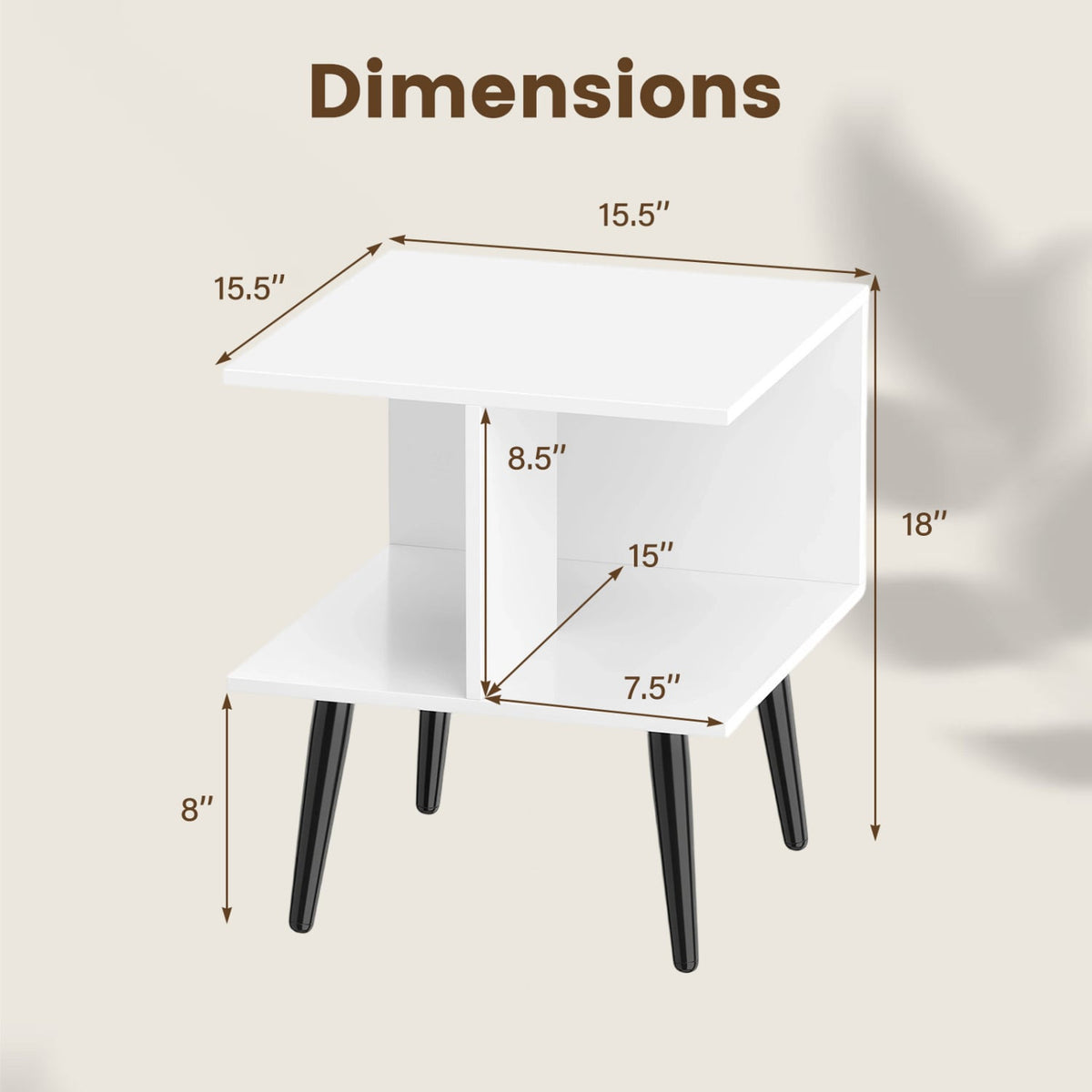 2-Tier Mid Century Modern End Table with 2 Compartments and Metal Legs-White-End & Side Tables-DECOROLALA