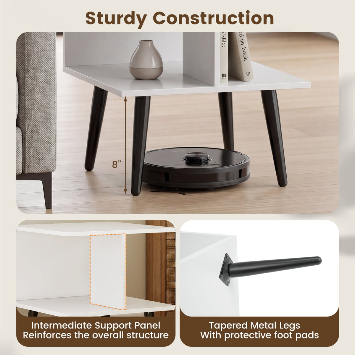 2-Tier Mid Century Modern End Table with 2 Compartments and Metal Legs-White-End & Side Tables-DECOROLALA