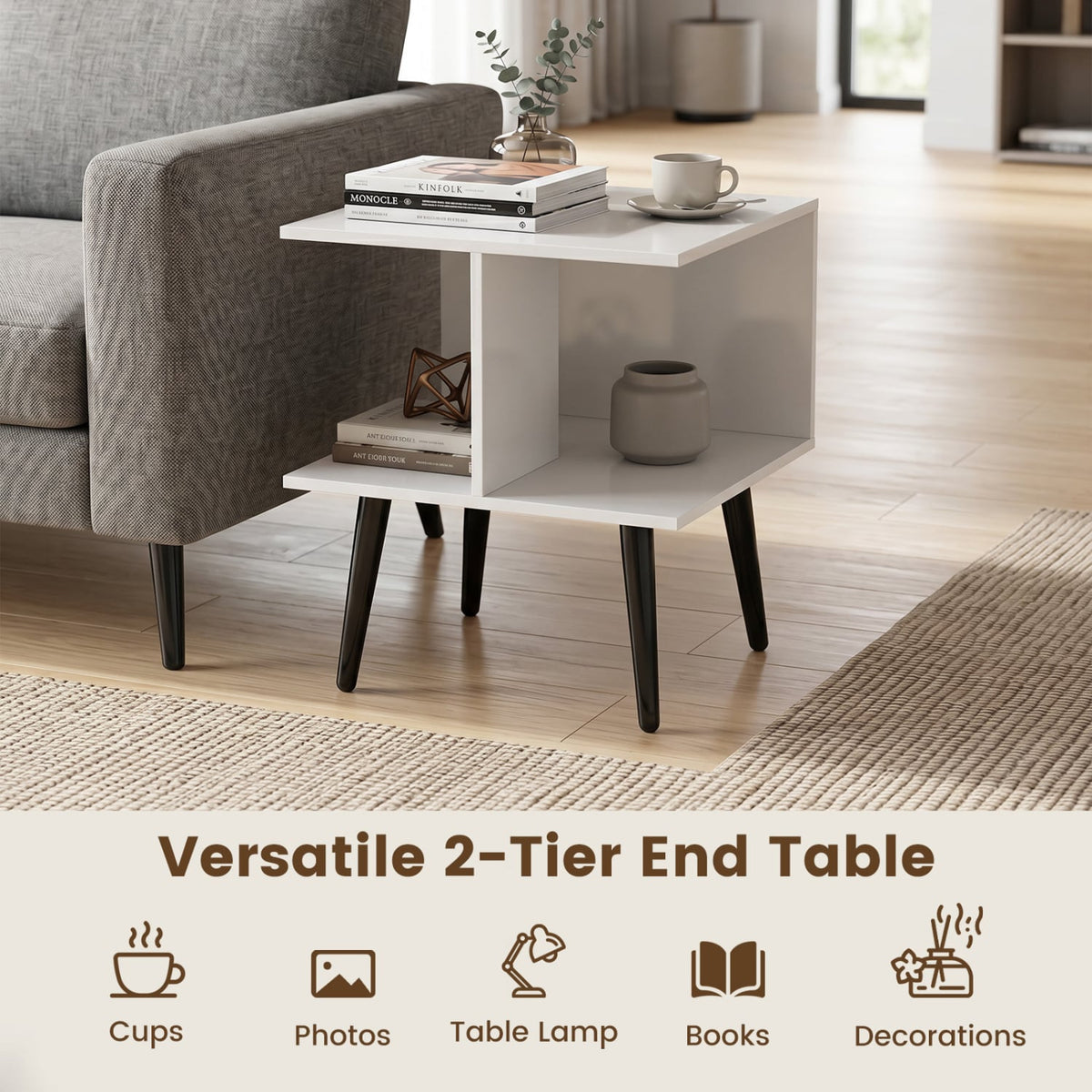 2-Tier Mid Century Modern End Table with 2 Compartments and Metal Legs-White-End & Side Tables-DECOROLALA