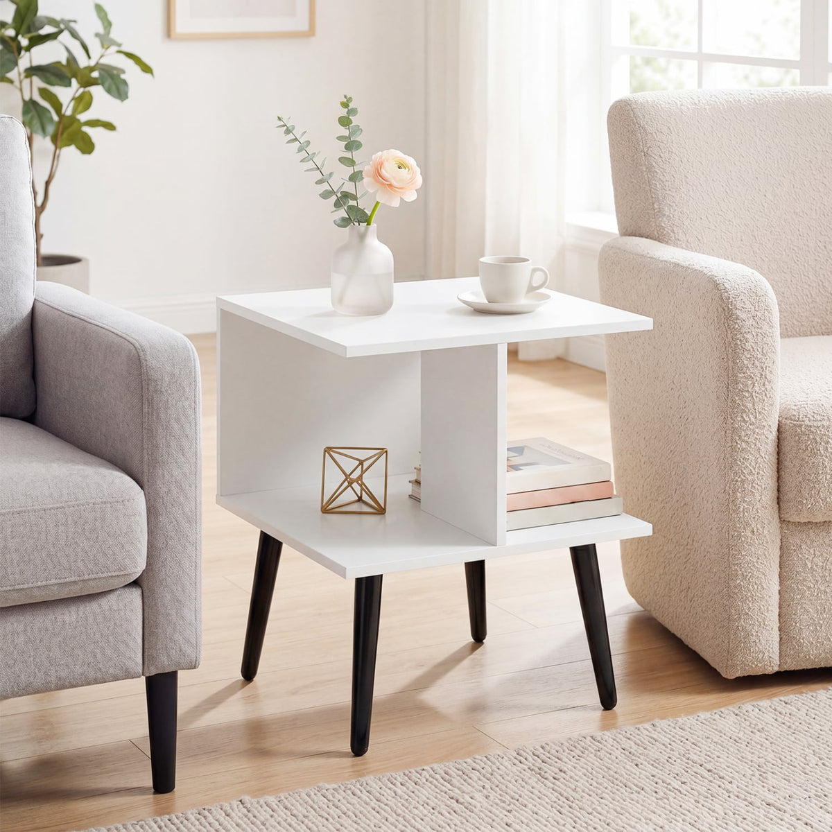 2-Tier Mid Century Modern End Table with 2 Compartments and Metal Legs-White-End & Side Tables-DECOROLALA