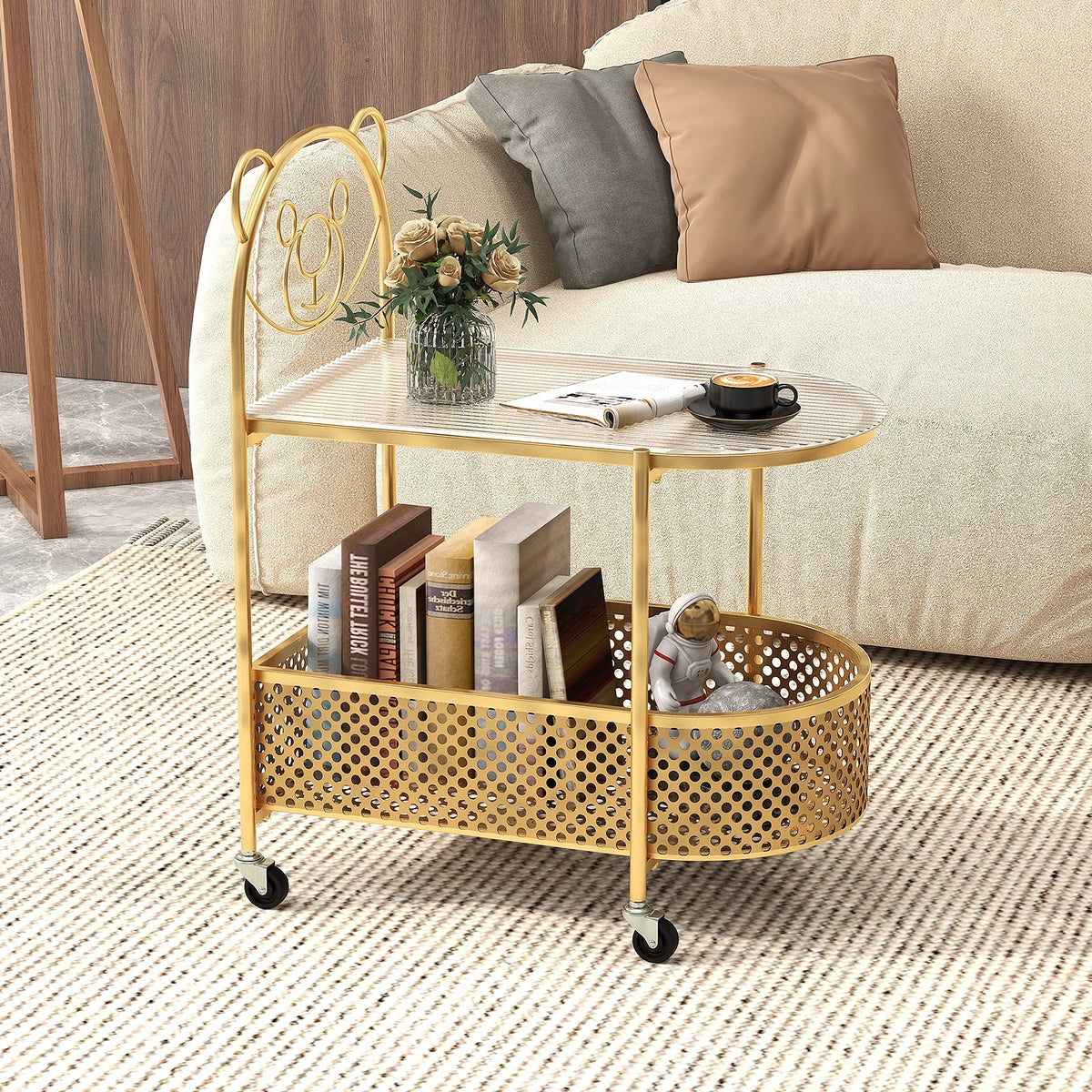 2-Tier Mobile Glass Coffee Table with Bear Pattern-Golden-End & Side Tables-DECOROLALA