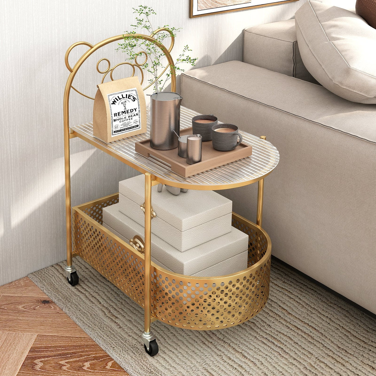 2-Tier Mobile Glass Coffee Table with Bear Pattern-Golden-End & Side Tables-DECOROLALA