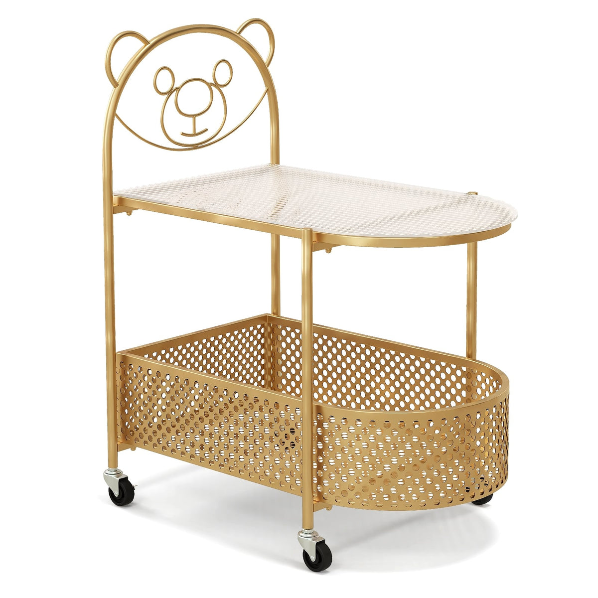2-Tier Mobile Glass Coffee Table with Bear Pattern-Golden-End & Side Tables-DECOROLALA