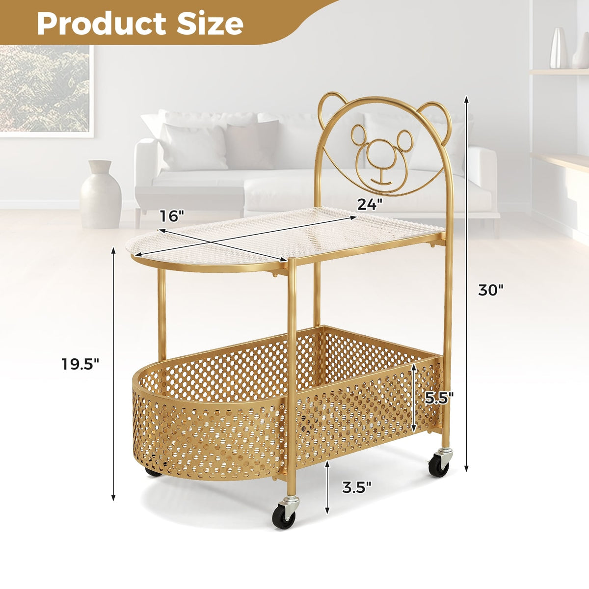 2-Tier Mobile Glass Coffee Table with Bear Pattern-Golden-End & Side Tables-DECOROLALA