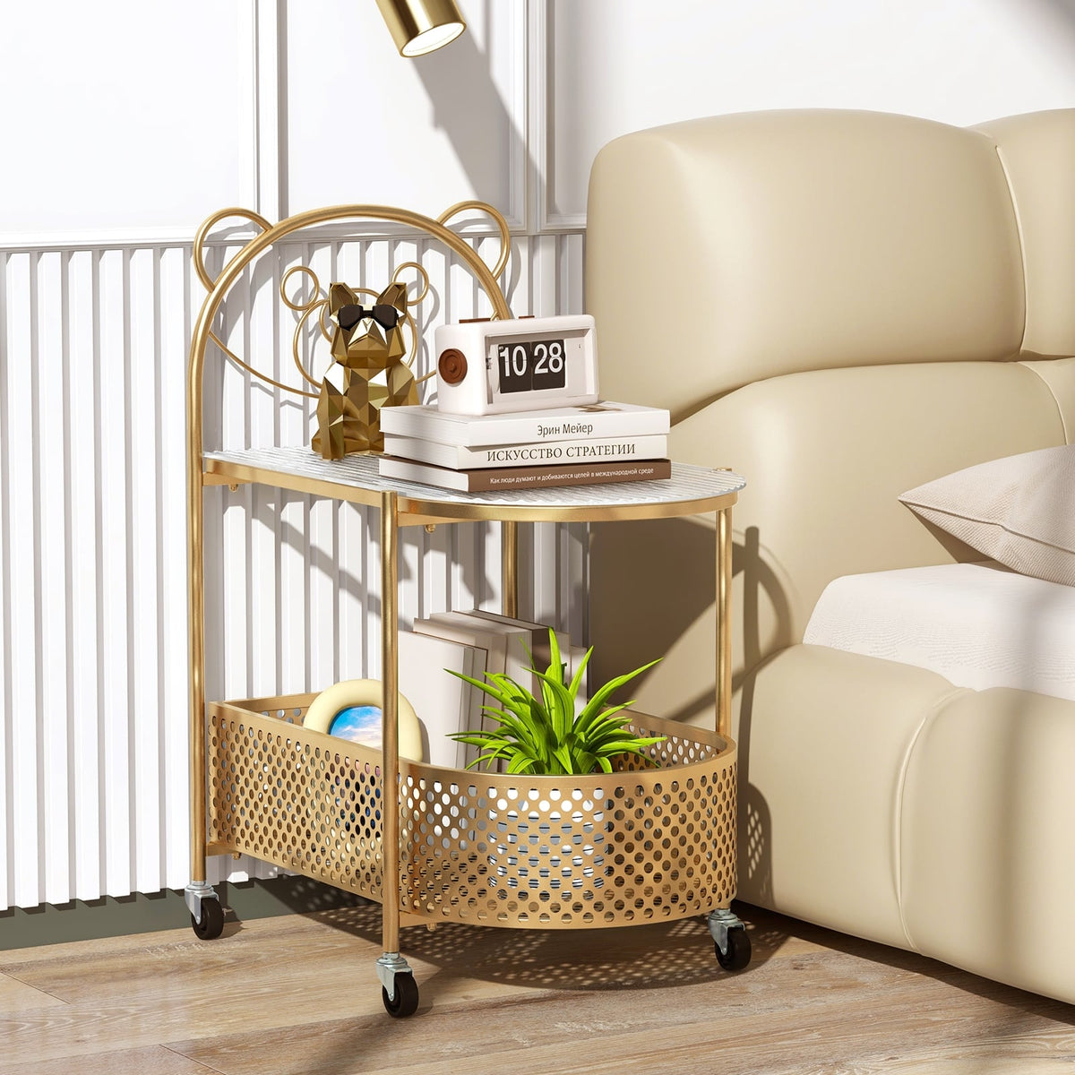 2-Tier Mobile Glass Coffee Table with Bear Pattern-Golden-End & Side Tables-DECOROLALA