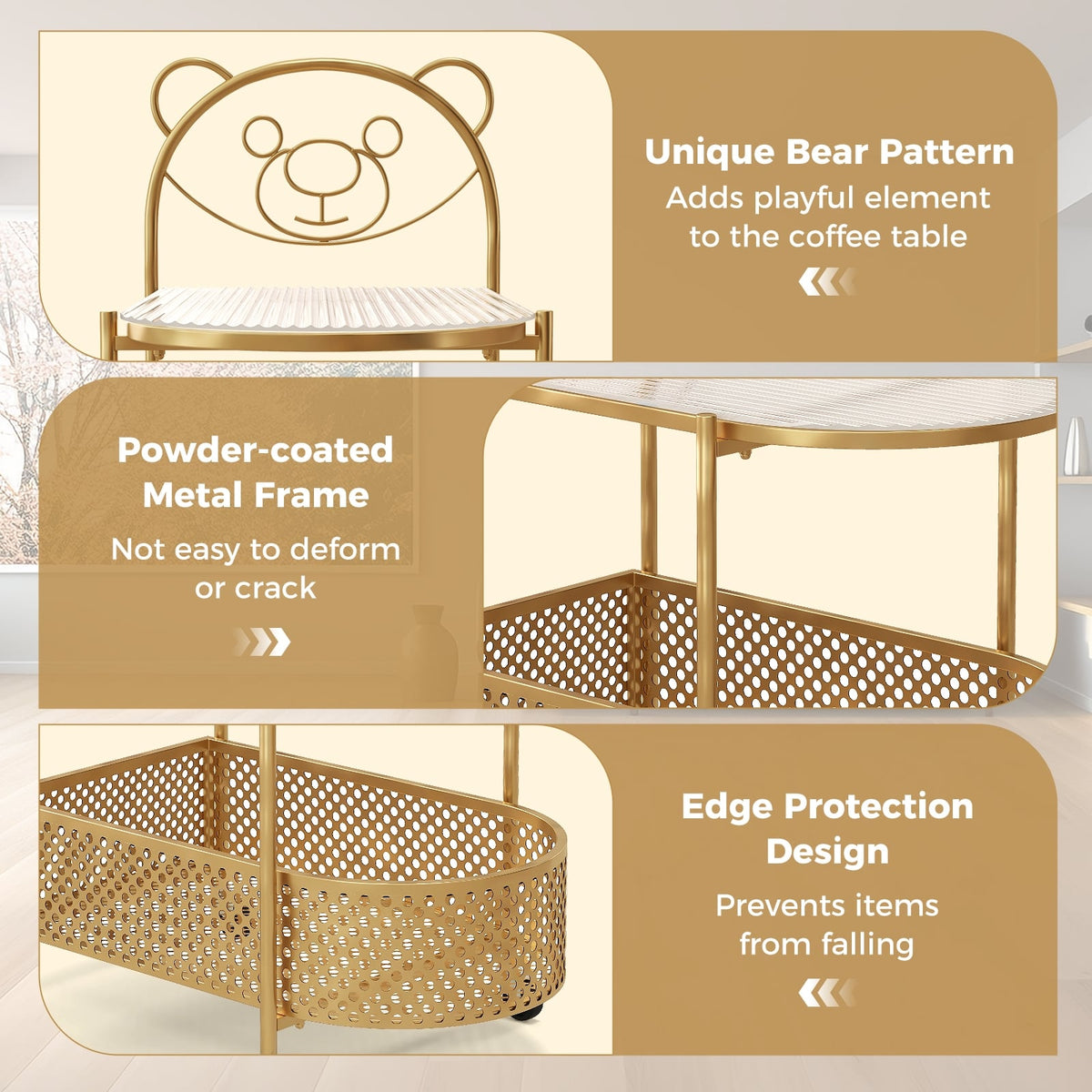 2-Tier Mobile Glass Coffee Table with Bear Pattern-Golden-End & Side Tables-DECOROLALA